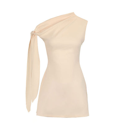 Solid One-Shoulder A-Line Mini Dress with Streamer Detail