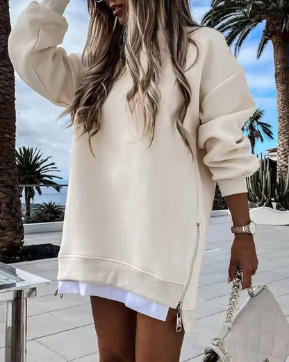 Oversized Sweatshirt Tunic with Side Zippers and Faux Layered Hem
