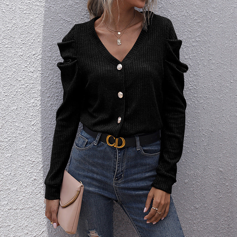 Ribbed Slim-Fit Cardigan with V-Neck and Pile Sleeves