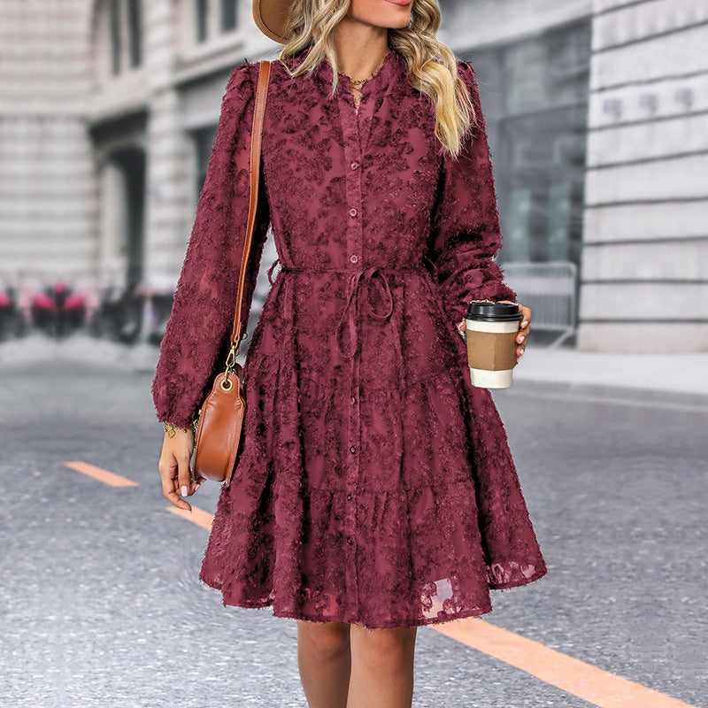 A-Line Lace Mini Dress with Stand Collar and Puff Sleeves