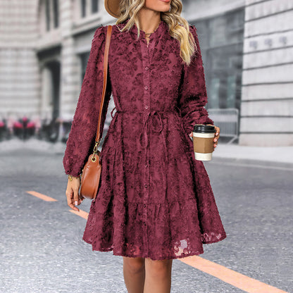 A-Line Lace Mini Dress with Stand Collar and Puff Sleeves