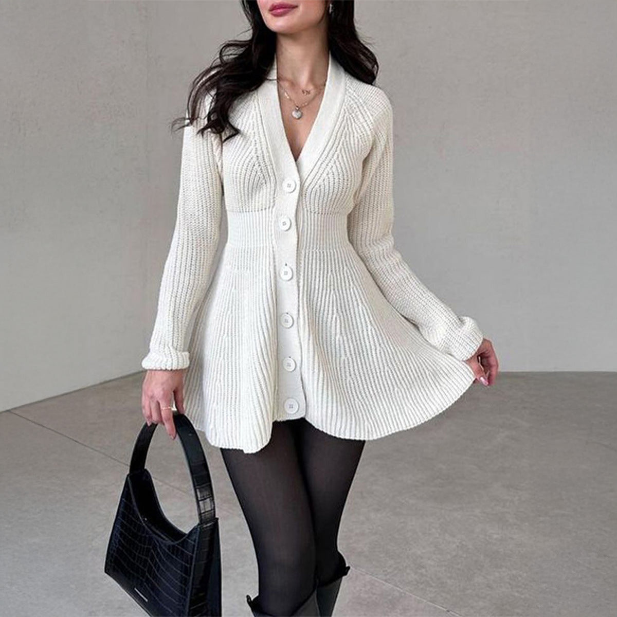 Ribbed Knit A-Line Cardigan Dress with V-Neck and Button Front