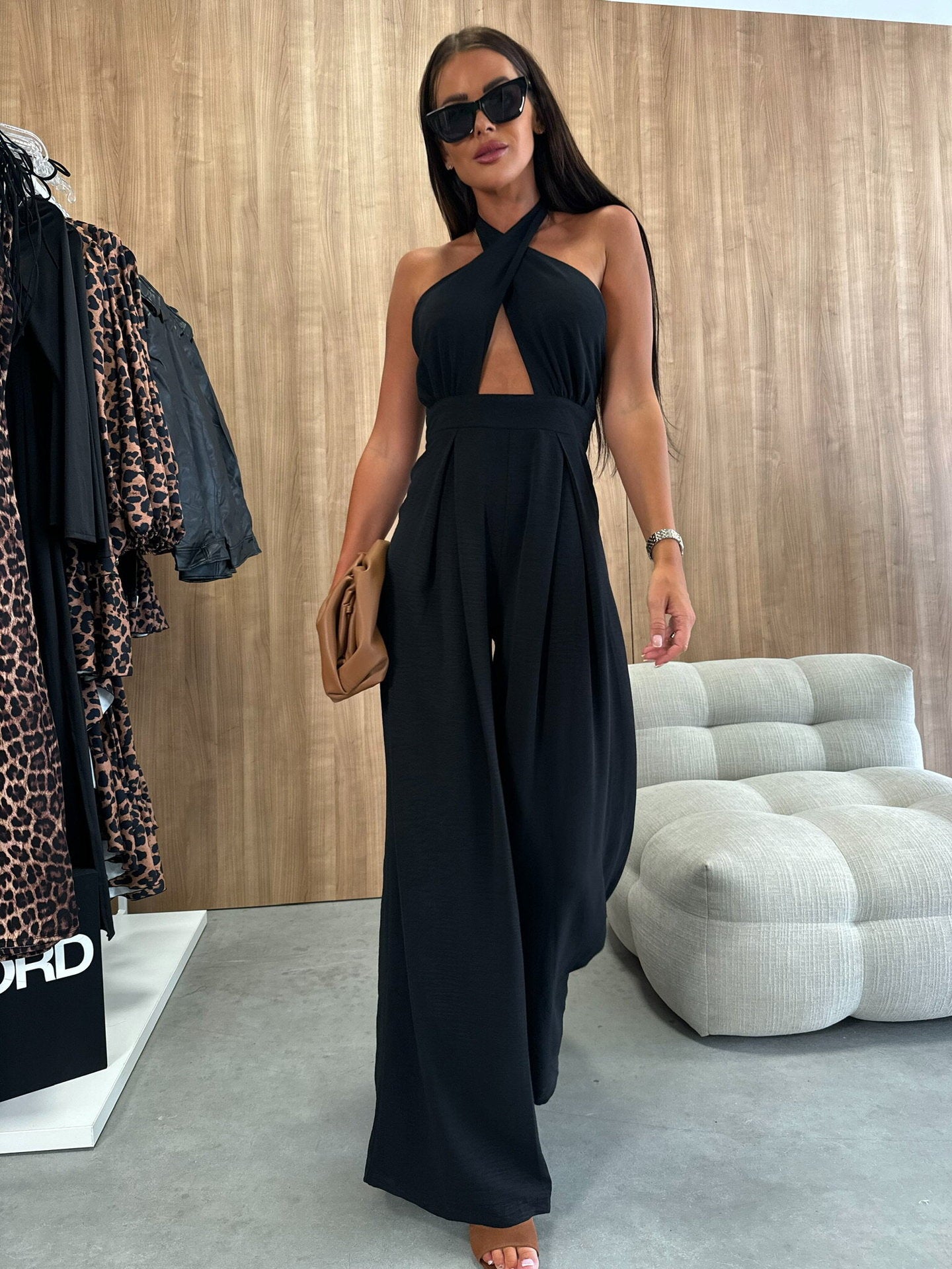 Wide-Leg Jumpsuit with Halter Neck and Waist Cut-Out