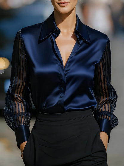 Loose Solid Satin Blouse with Sheer Striped Sleeves