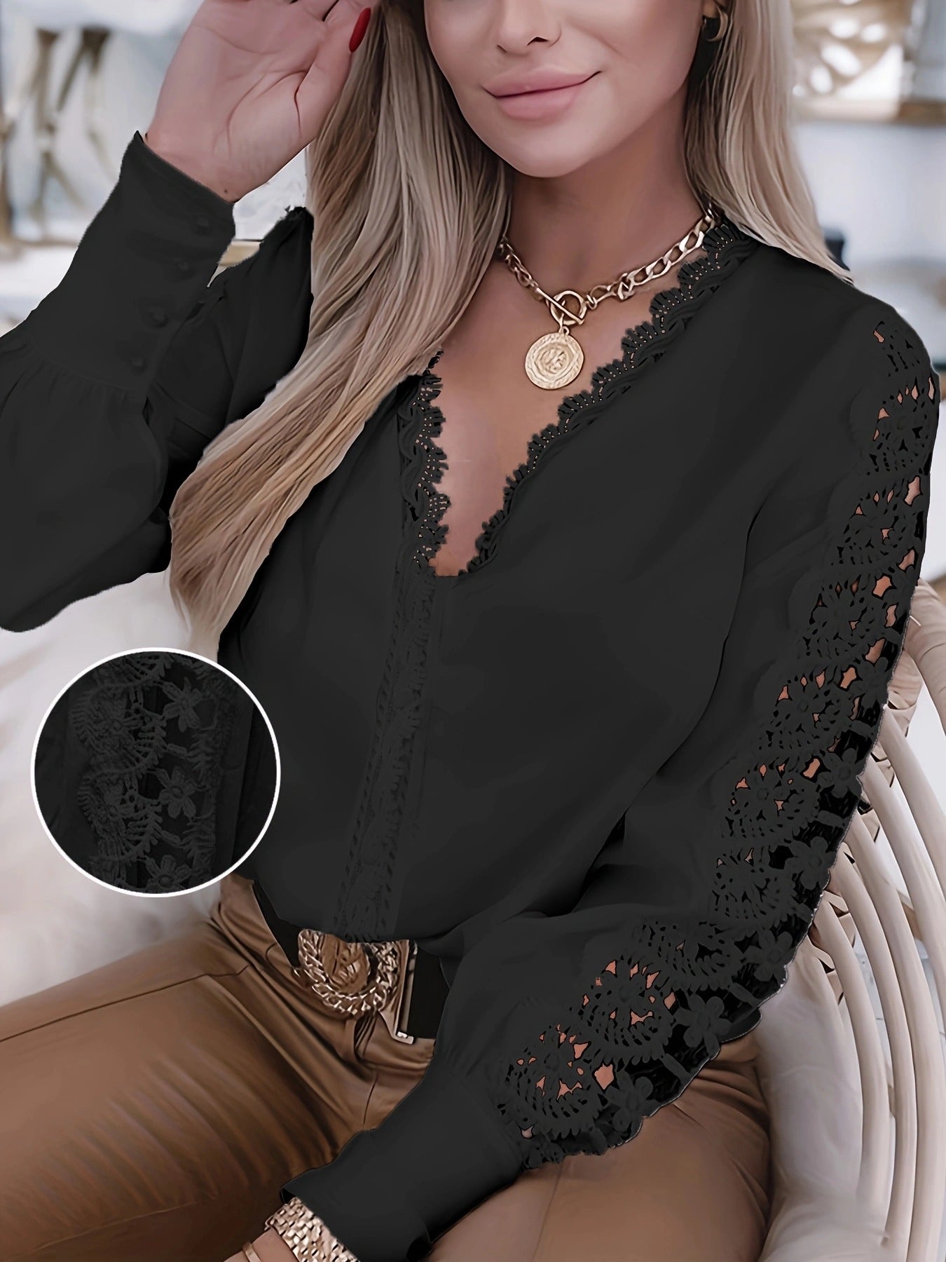 Solid V-Neck Blouse with Lace Trim and Spliced Sleeves