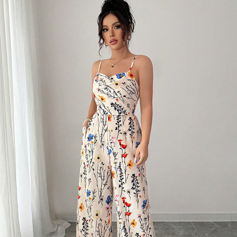 High-Waist Floral Wide-Leg Jumpsuit with Spaghetti Straps