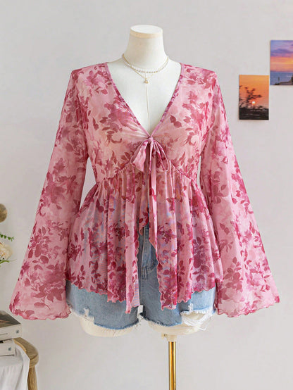 Sheer Printed V-Neck Top with Tie-Front and Bell Sleeves