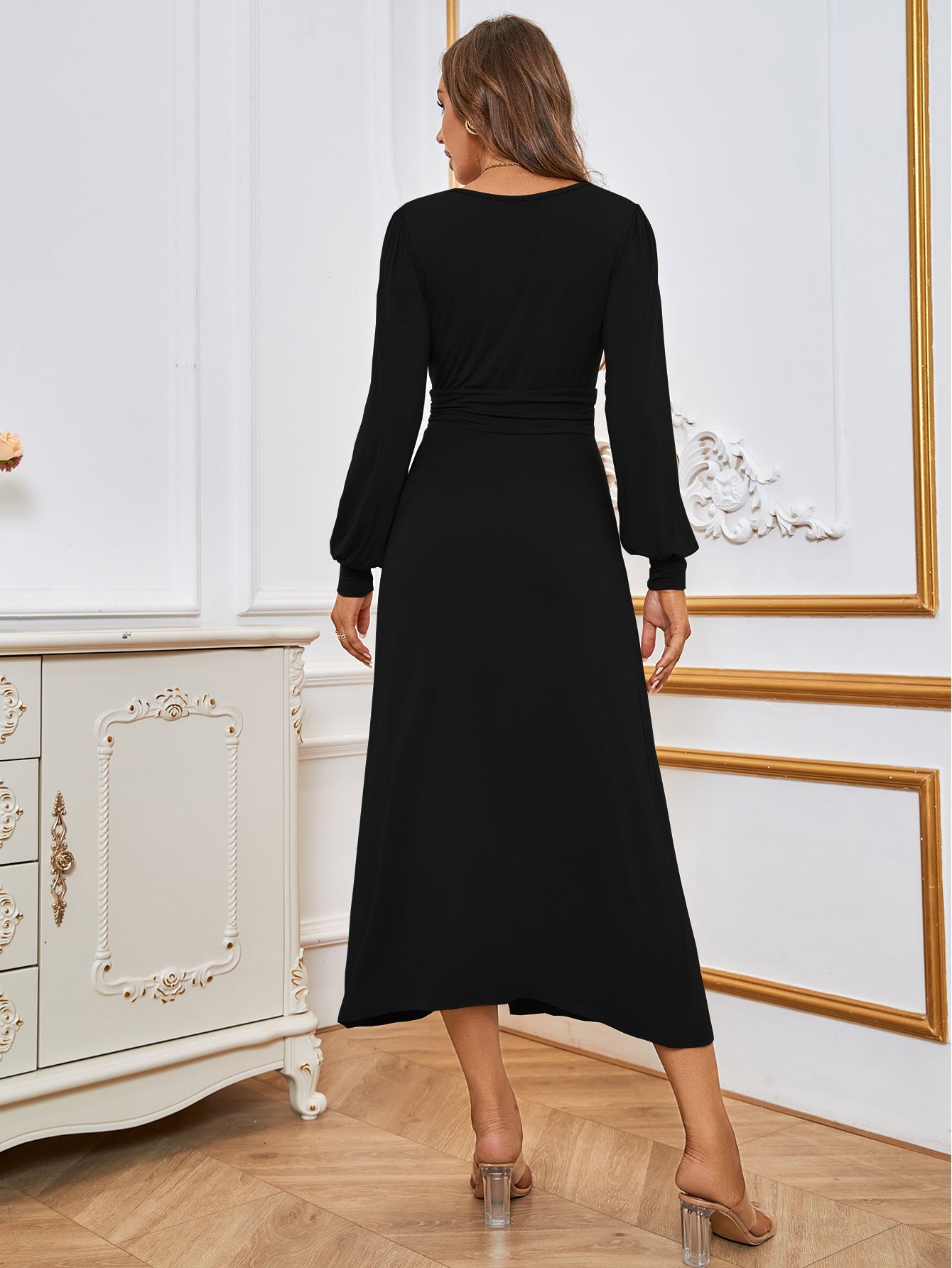Solid V-Neck Midi Dress with Ruched Waist and High Slit