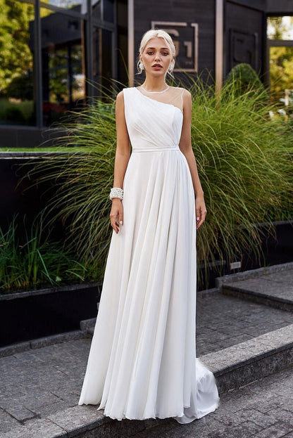 A-Line Chiffon Wedding Gown with Mesh Illusion Neckline