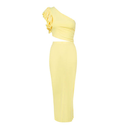 Bodycon Maxi Skirt Set with One-Shoulder Ruffle Detail