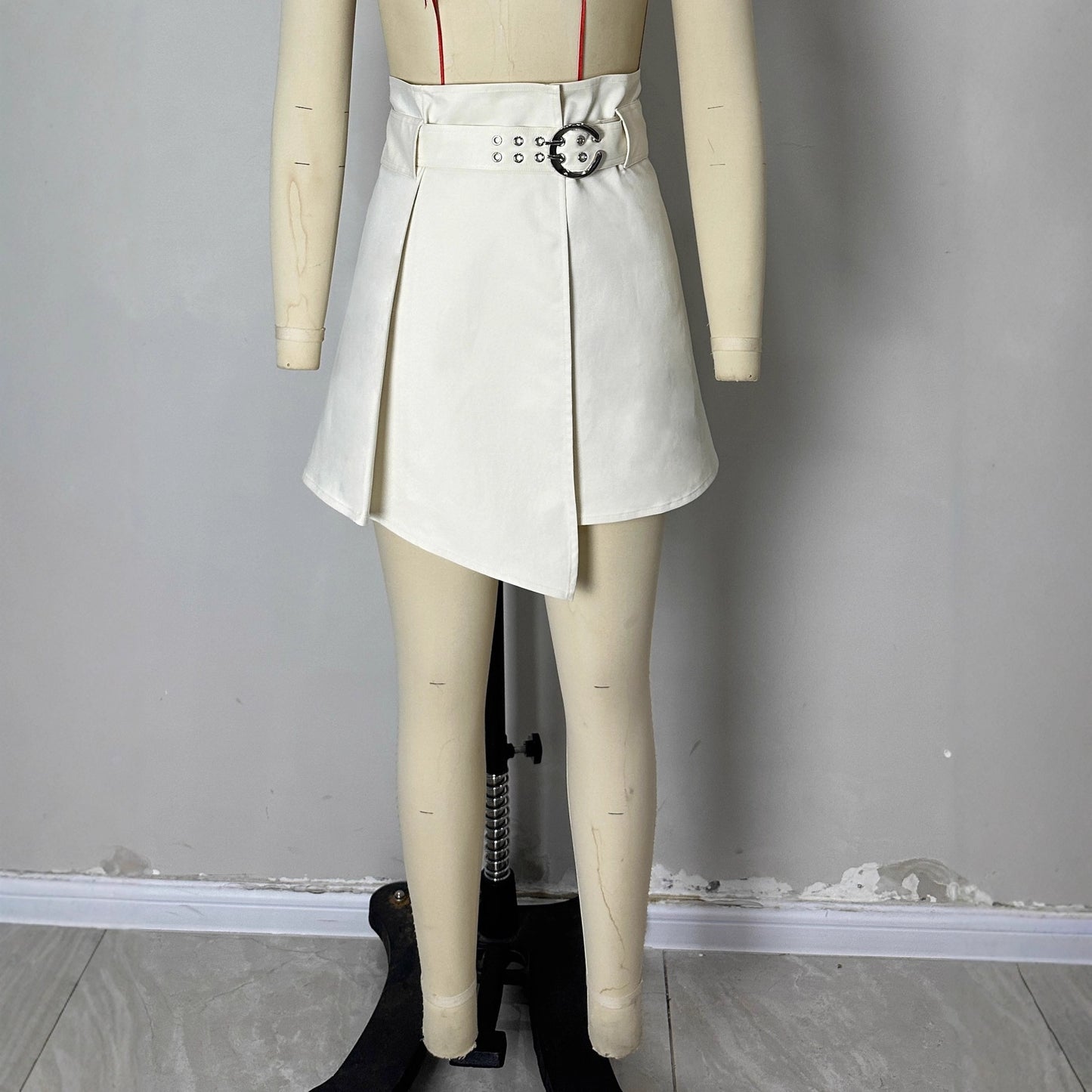 High-Waisted A-Line Short Skirt with Belted Waist and Asymmetrical Hem