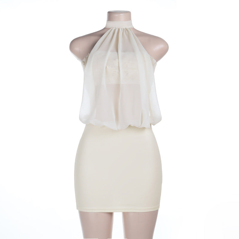 Slim Fit Mini Dress with Sheer Mesh Halter Overlay
