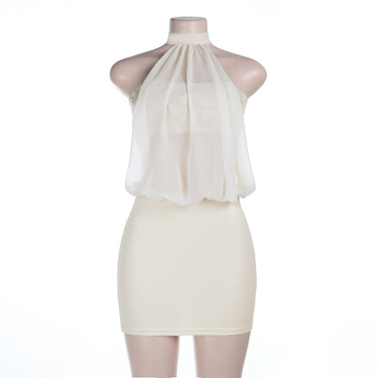 Slim Fit Mini Dress with Sheer Mesh Halter Overlay