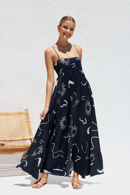 A-Line Maxi Dress with Abstract Print and Spaghetti Straps