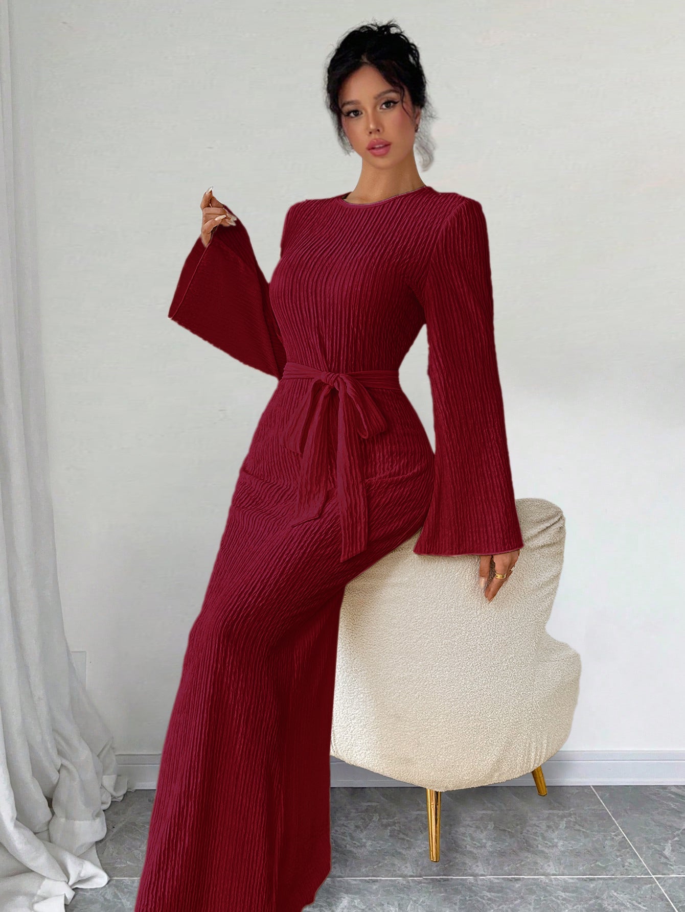 Ribbed Knit Maxi Dress with Bell Sleeves and Tie Waist