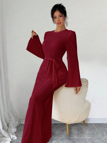Ribbed Knit Maxi Dress with Bell Sleeves and Tie Waist