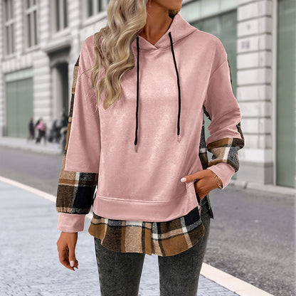Plaid Patchwork Pullover Hoodie with Faux Layered Hem