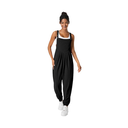 Pleated Bib Overalls with Button Straps and Elastic Cuffs