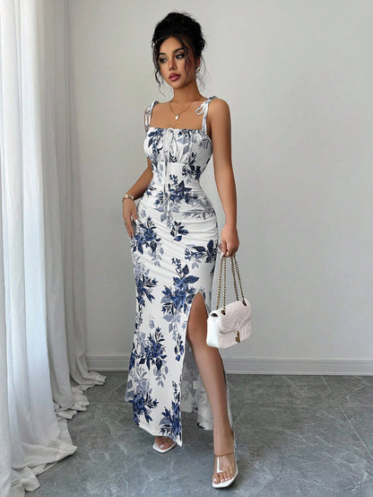 Floral Print Tie-Strap Maxi Dress with High Side Slit
