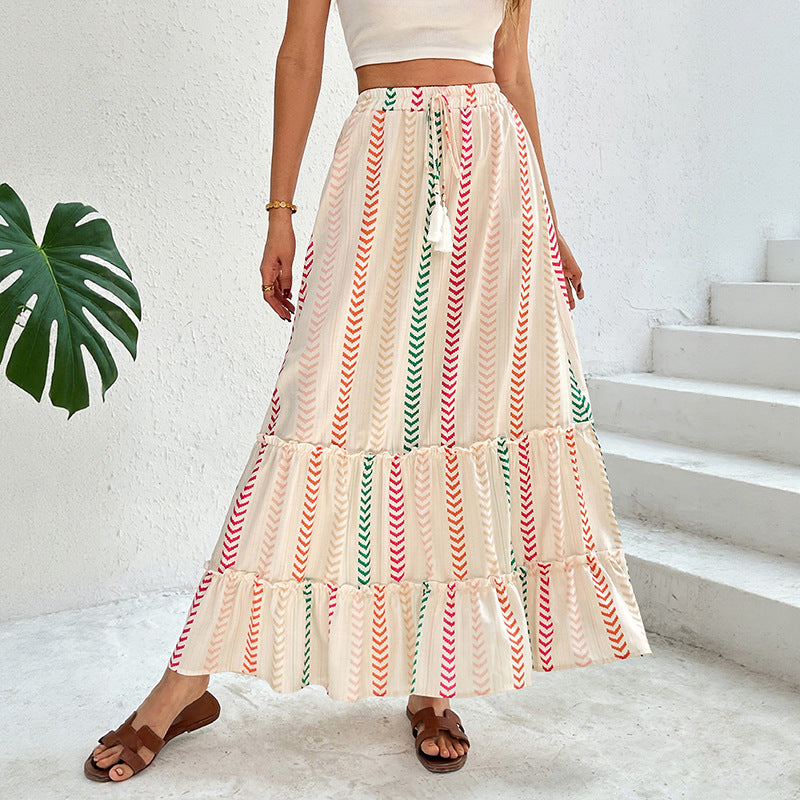 Ethnic Striped Tiered Maxi Skirt with Drawstring Tassels