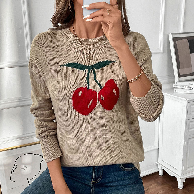 Cherry Jacquard Knitted Sweater with Round Neck and Loose Fit