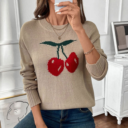 Cherry Jacquard Knitted Sweater with Round Neck and Loose Fit