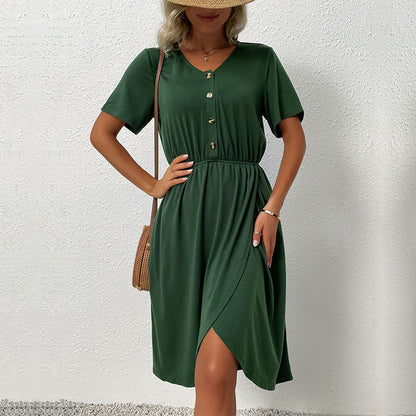Solid Midi Dress with V-Neck, Elastic Waist, and Wrap Slit