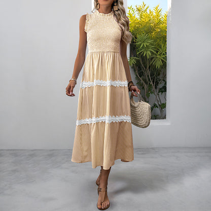 Striped A-Line Midi Dress with Smocked Bodice and Lace Trim