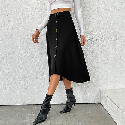 A-Line Midi Skirt with Button-Front Slit and Belt