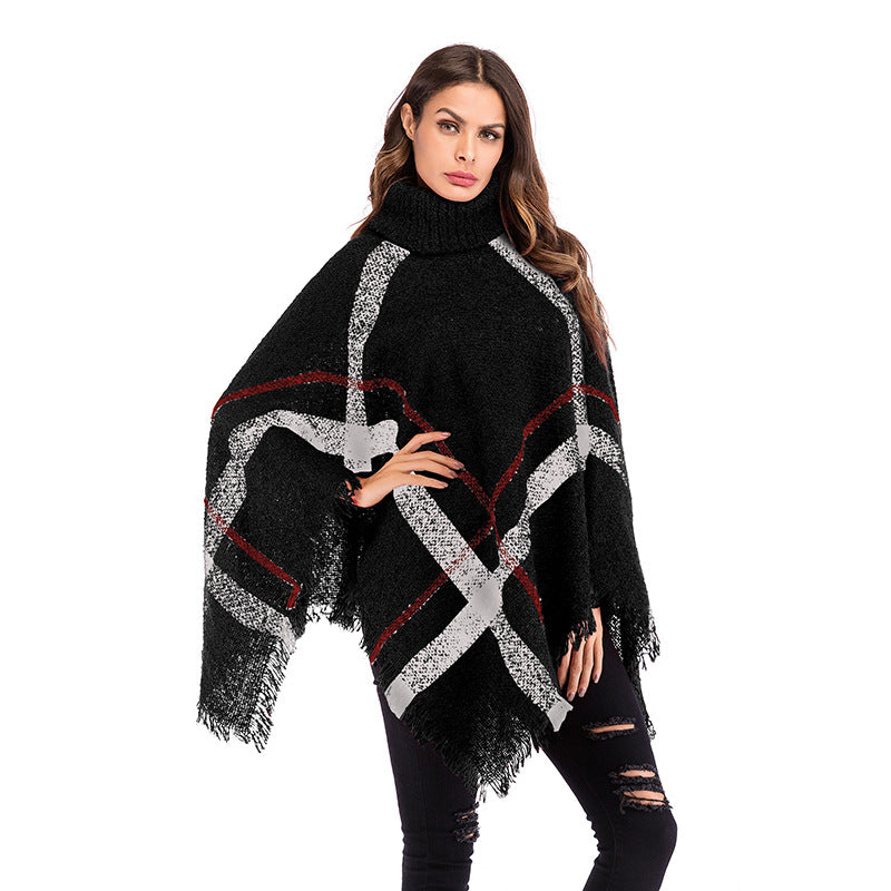 Color-Blocked Plaid Cape with Turtleneck and Fringe Hem