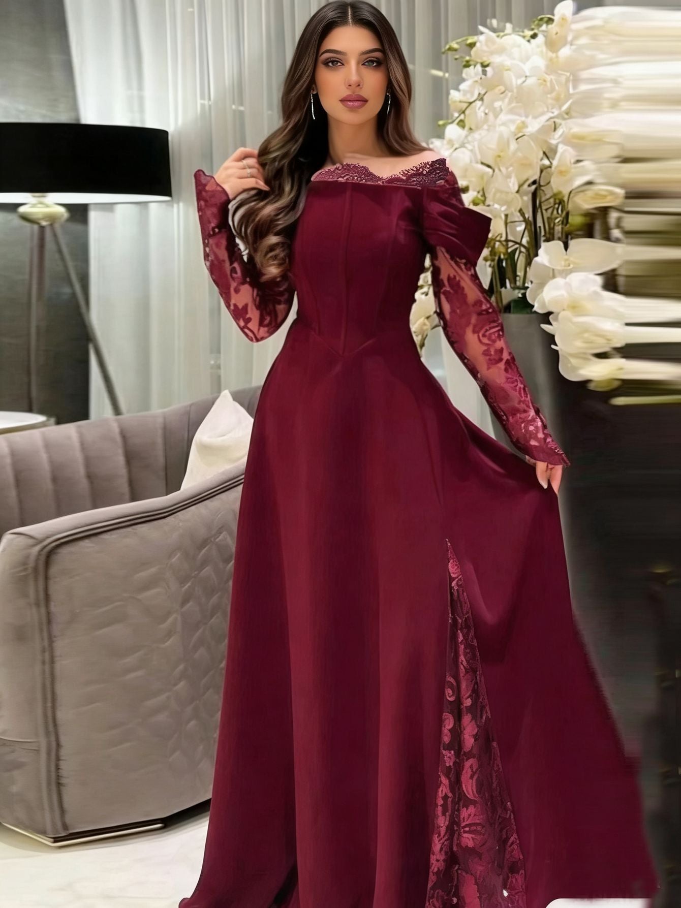 A-Line Maxi Dress with Off-Shoulder, Lace Sleeves, and Slit
