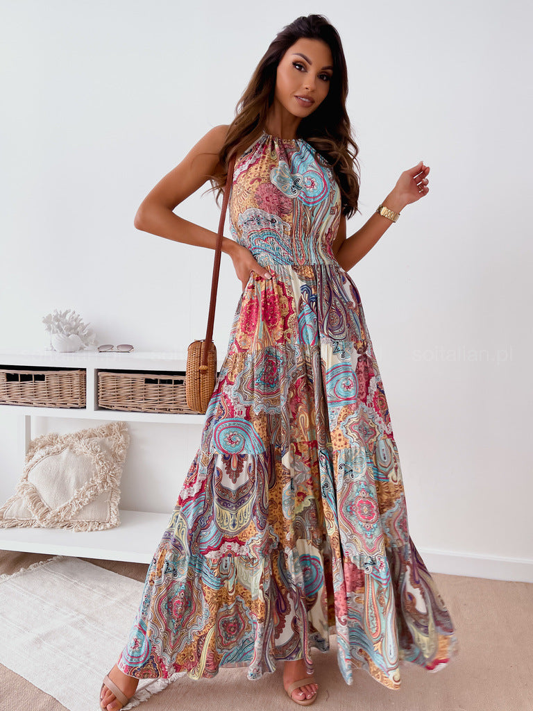Bohemian Paisley Print Maxi Dress with Halter Neck