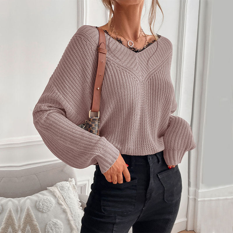 Loose Knit Pullover with V-Neck and Lace Trim
