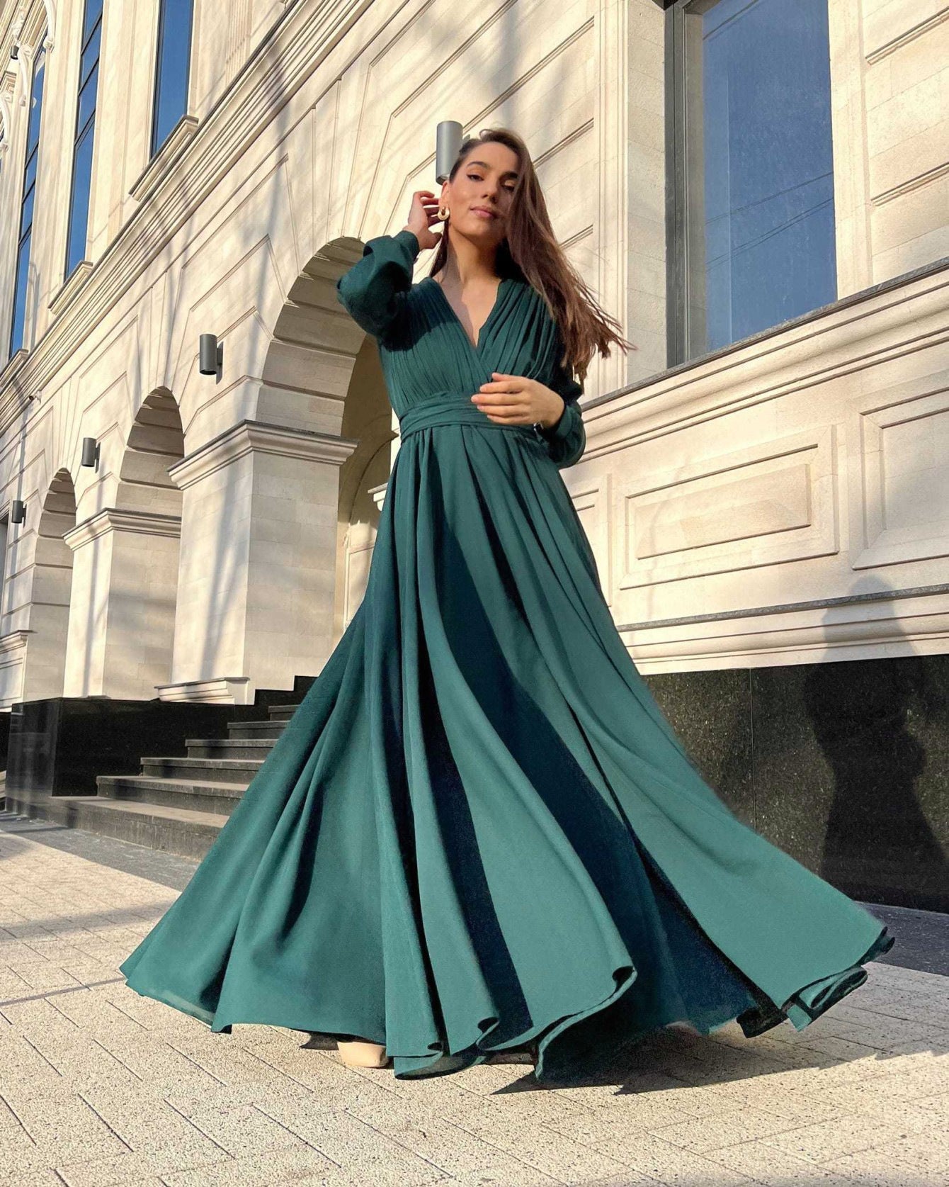 Pleated Chiffon Maxi Dress with Deep V-Neck and Long Sleeves