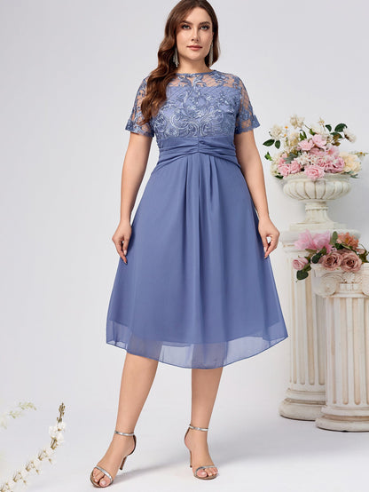Plus Size A-Line Midi Dress with Lace Bodice and Chiffon Skirt