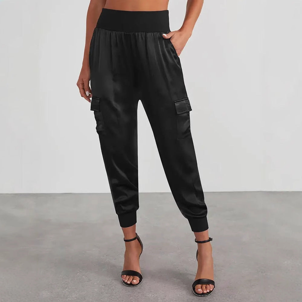 Satin Cargo Jogger Pants with High Waist
