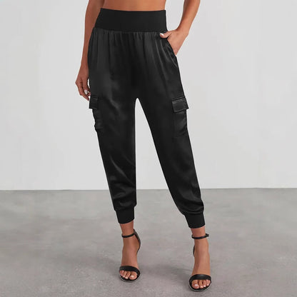 Satin Cargo Jogger Pants with High Waist