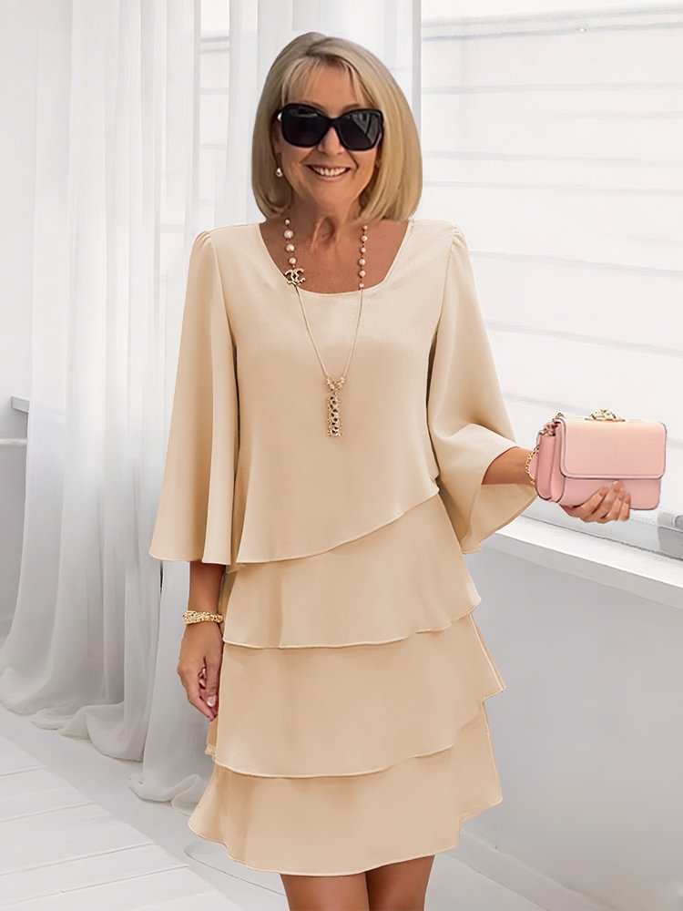 Tiered Dress with Round Neck and Three-Quarter Bell Sleeves