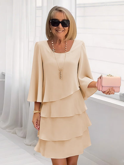 Tiered Dress with Round Neck and Three-Quarter Bell Sleeves