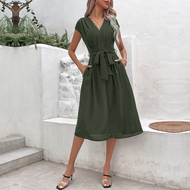 A-Line Midi Dress with V-Neck and Self-Tie Waist