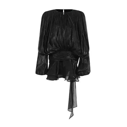 Pleated Two-Piece Set with Lantern Sleeves and Ruffled Skirt