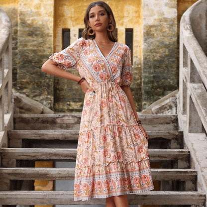 Floral A-Line Midi Dress with V-Neck and Tiered Ruffles