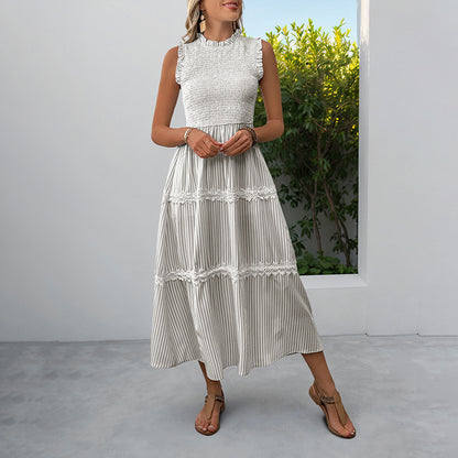 Striped A-Line Midi Dress with Smocked Bodice and Lace Trim