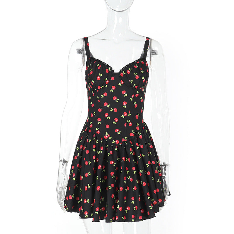 Cherry Print A-Line Mini Dress with Lace-Trimmed V-Neck