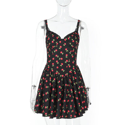 Cherry Print A-Line Mini Dress with Lace-Trimmed V-Neck