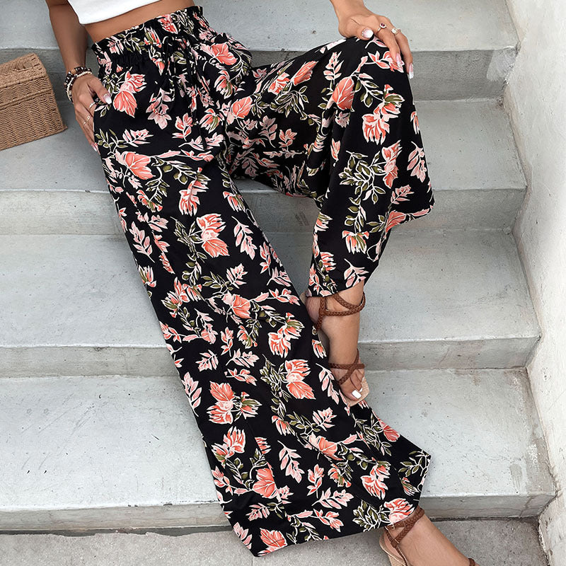 Floral Print Wide-Leg Pants with High Drawstring Waist