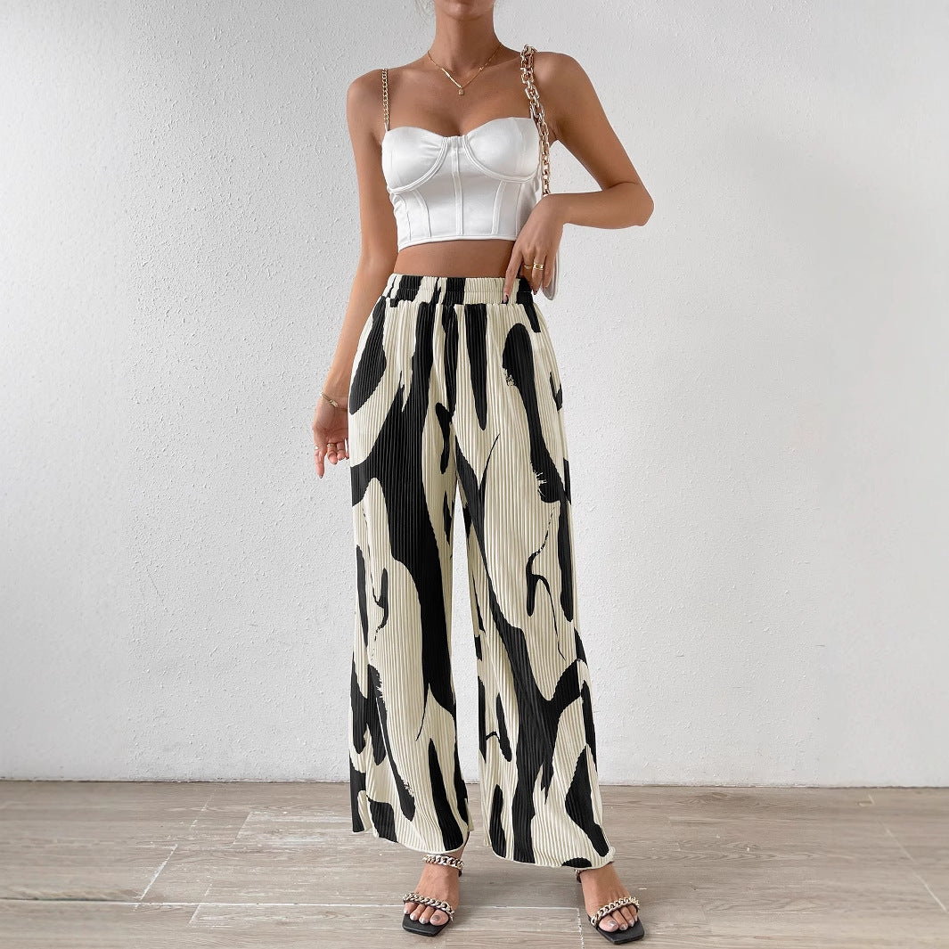 High-Waisted Plissé Wide-Leg Trousers with Abstract Print