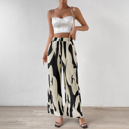 High-Waisted Plissé Wide-Leg Trousers with Abstract Print