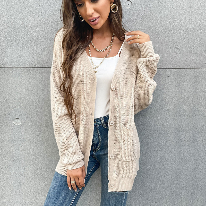 Loose Knit Cardigan with V-Neck and Front Pockets