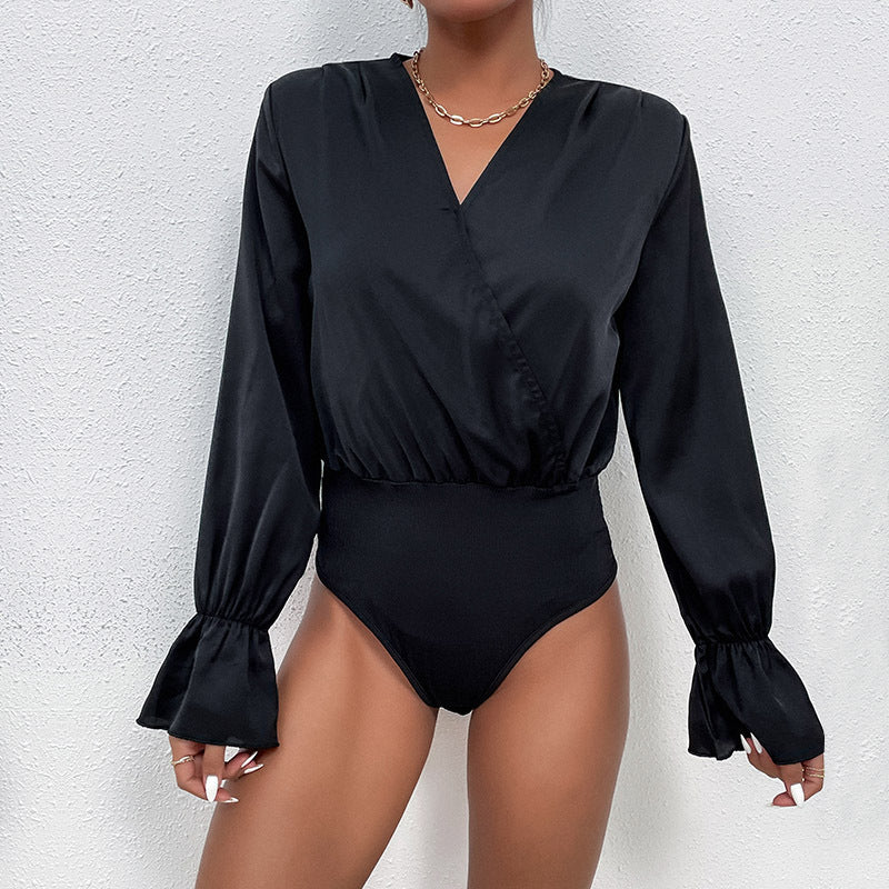 Black Bodysuit with Wrap V-Neck and Lotus Leaf Sleeves